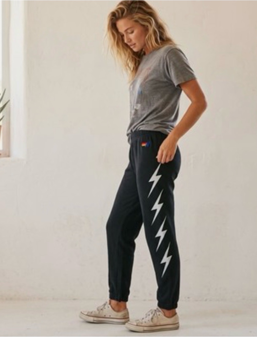 Aviator Nation Black Joggers with White Lightning Bolt Side Graphic